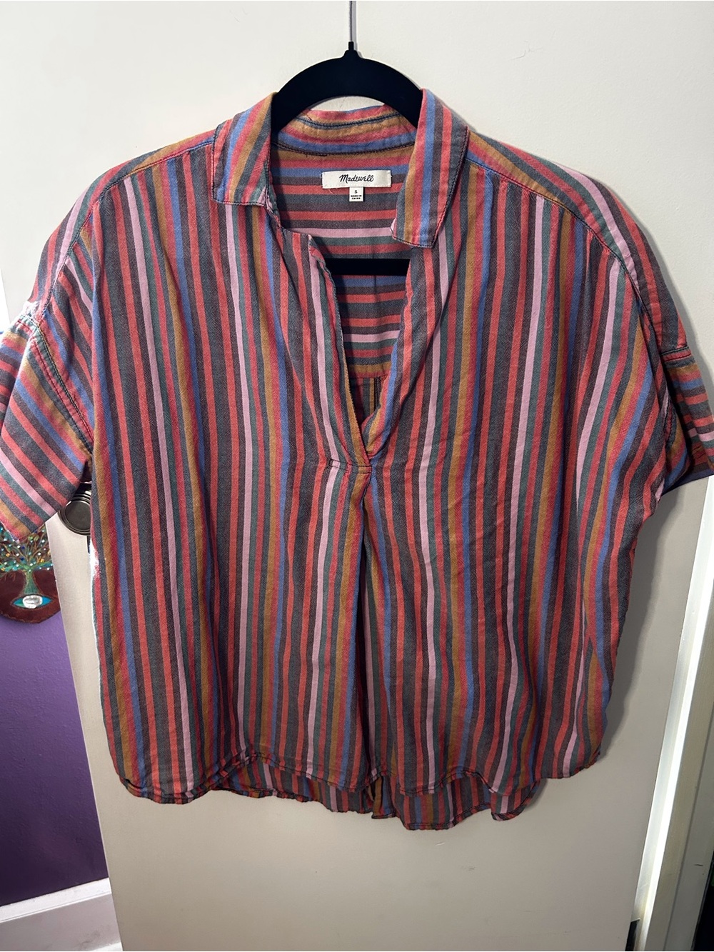 Madewell Multicolor Vertical Stripe Short-Sleeve Shirt - Red, Blue, Pink